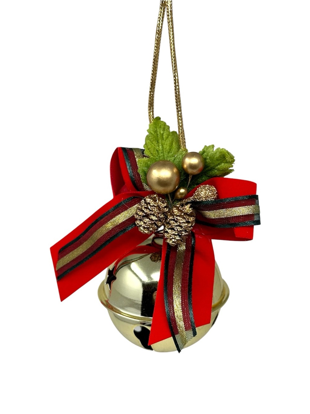 Vintage Classic Gold Bell Christmas Holiday Ornament Red Ribbon Pinecone Taiwan
